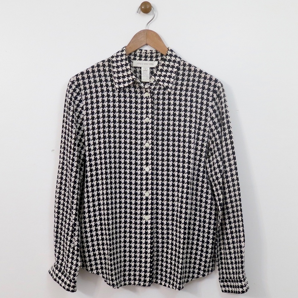 Vintage Jones New York 100% Silk Houndstooth Blouse Women's Size 8